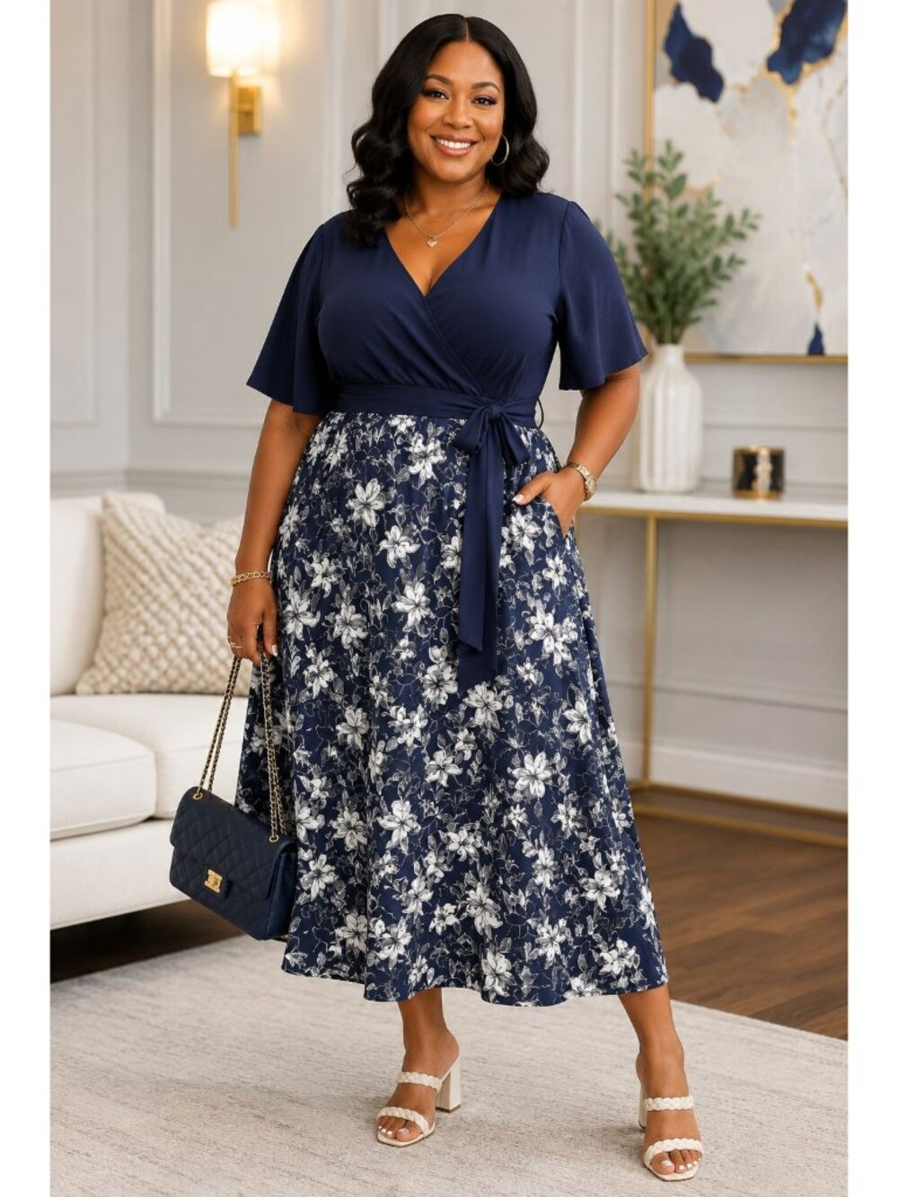 Bloomchic Size 10 Dress V-Neck Floral Ruffle Sleeve Midi Patchwork Pockets Belt - Picture 9 of 9